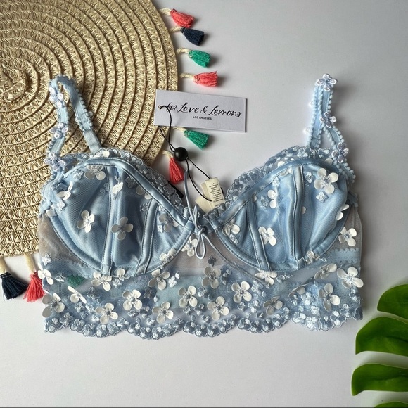 For Love And Lemons Daisy Embroidered Bra Blue Floral Small NEW - Picture 1 of 3